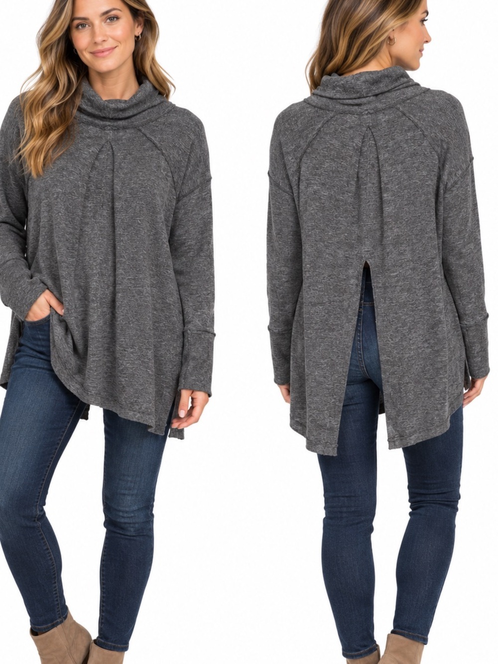 Free People We The Free Charcoal Cowl Neck Split Back Tunic Top Large